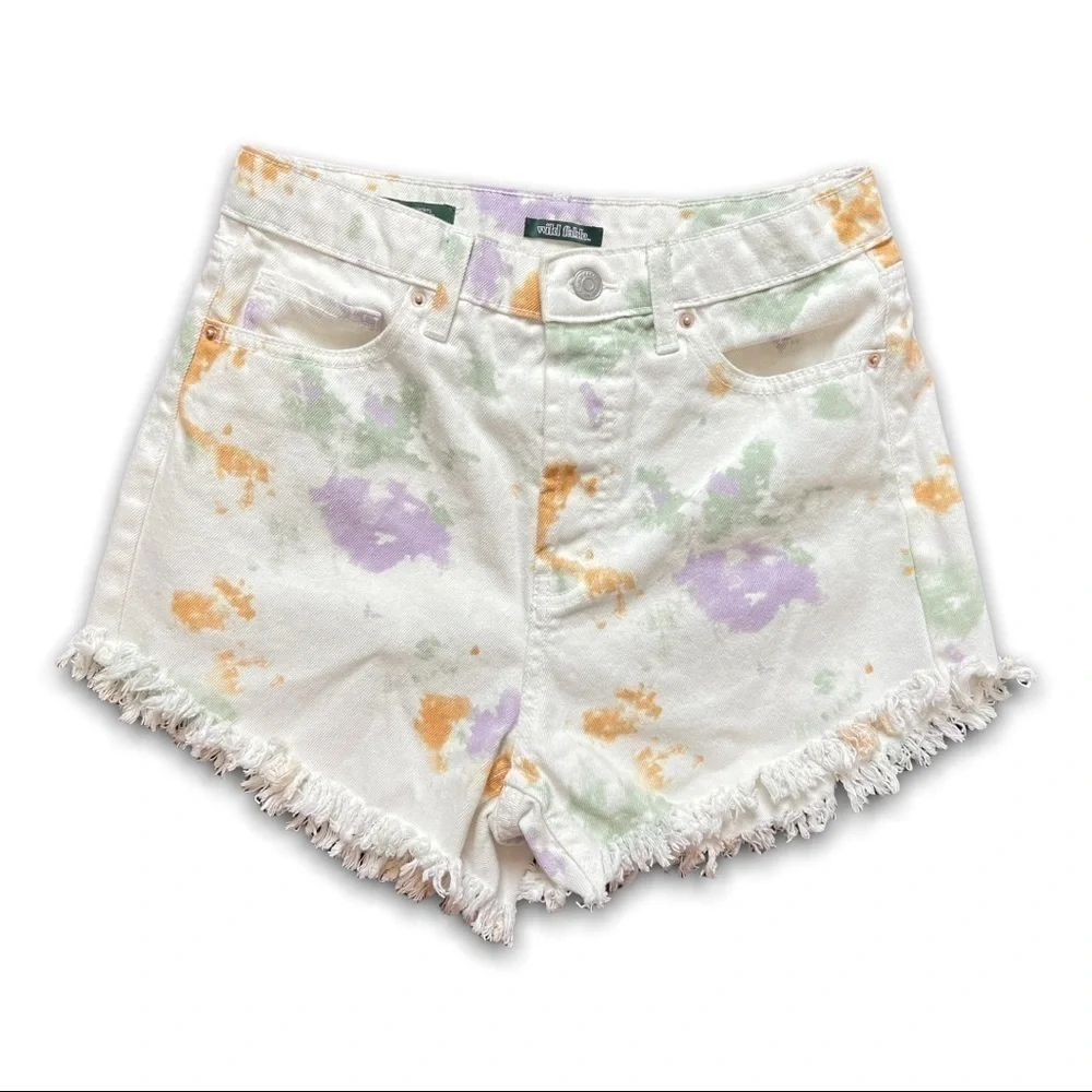 90s Pastel Tie Dye High Waist Raw‎ Hem Button Fly Denim Cutoff Jean Shorts 6